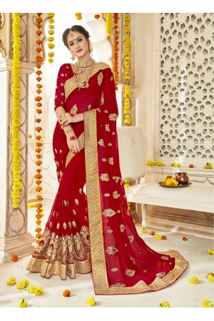 Red Faux  Georgette  Embroidered  Traditional  Saree 5903